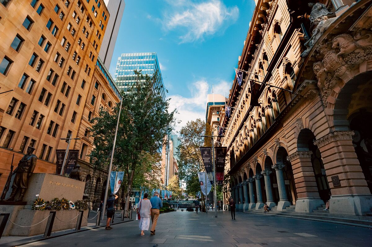 Martin Place in the Sydney CBD: the sandstone GPO colonnade and Cenotaph with glass office towers rising behind